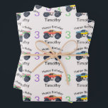 Monster Trucks Boy's Name & Age Birthday Wrapping Paper Sheet<br><div class="desc">An illustration of cute colourful monster trucks racing and having fun. Colourful monster trucks with big black wheels having a race. Perfect gift for anyone and any age. Ideal present for a birthday,  for Christmas or any other special occasion.</div>