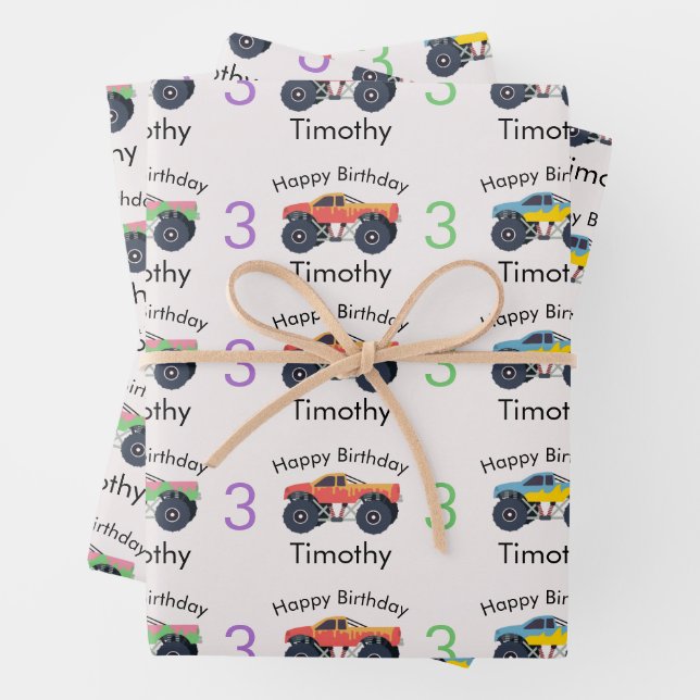 Monster Trucks Boy's Name & Age Birthday Wrapping Paper Sheet (In situ)