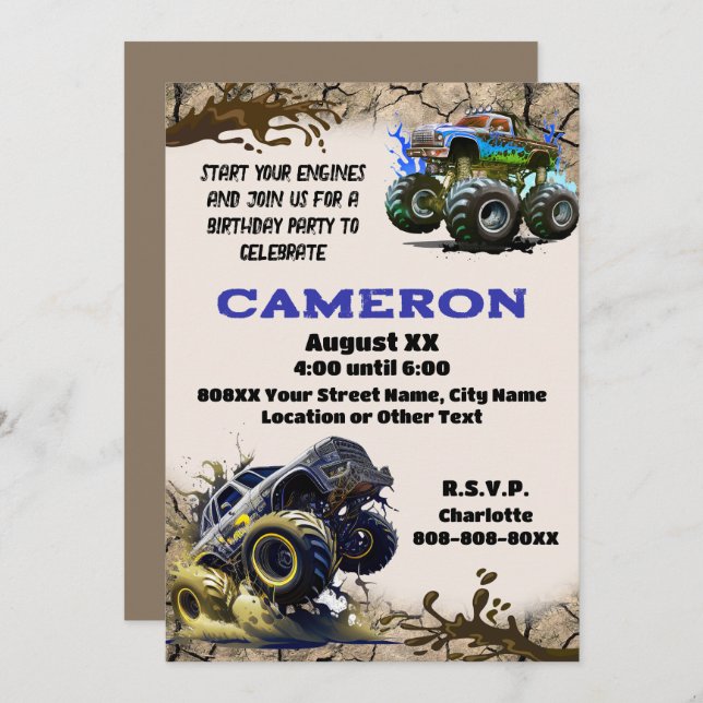 Monster Trucks in The Mud Invitation (Front/Back)