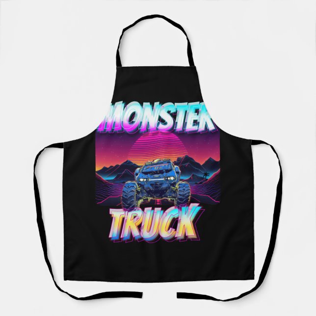 Monster Trucks Lover Retro Vaporwave Style Mountai Apron (Front)