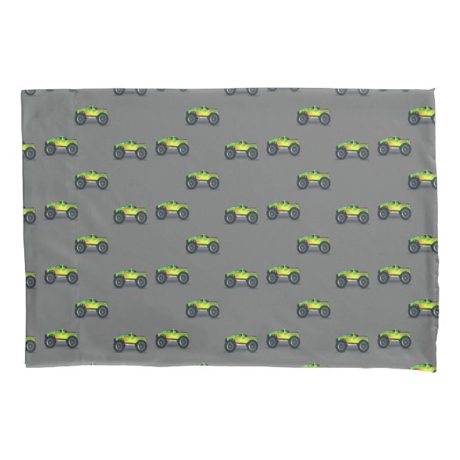 monster trucks on grey pillowcase (Front)