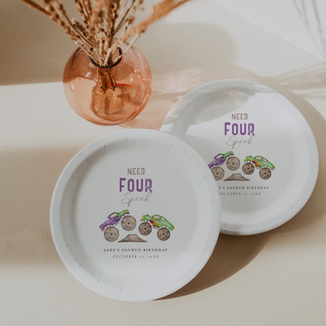 Monster Trucks Purple Green Birthday Paper Plates (Creator Uploaded)