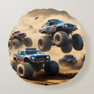 Monster Trucks Racing In The Desert, Round Cushion