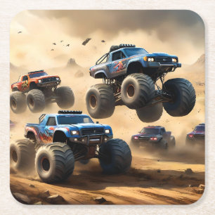 Monster Trucks Racing In The Desert, Square Paper Coaster
