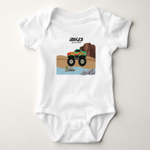 Monster wheels orange, yellow, red, green baby bodysuit