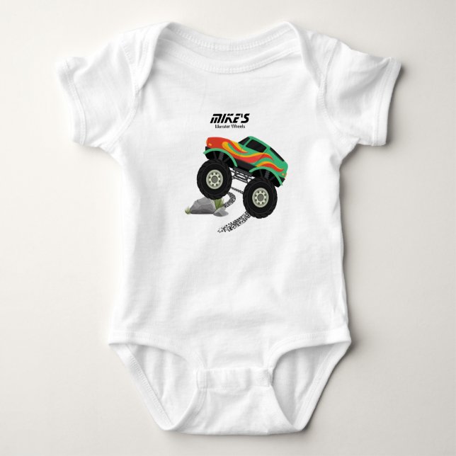 Monster  wheels orange, yellow, red, green baby bodysuit (Front)