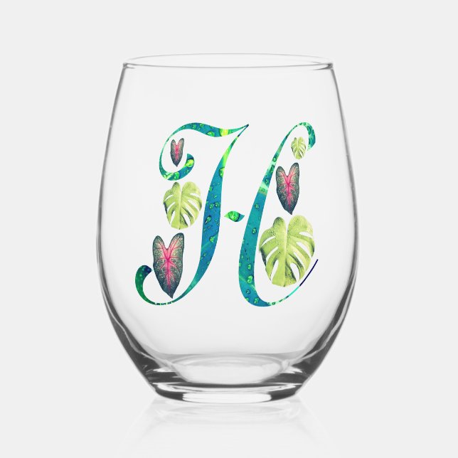 Monstera Alphabet "H"  Stemless Wine Glass (Front)