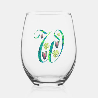 Monstera Alphabet "W"  Stemless Wine Glass