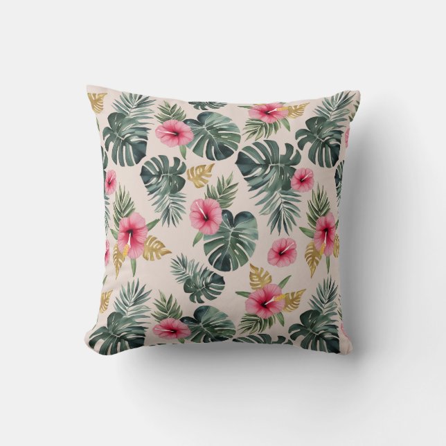 Monstera and Hibiscus Pattern Cushion (Front)