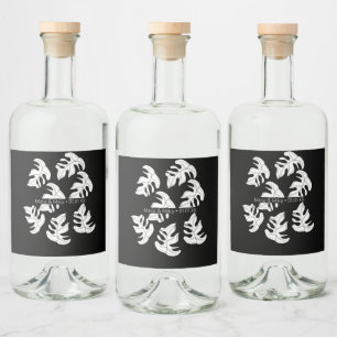 Monstera Black White Botanical Wedding Liquor Bottle Label