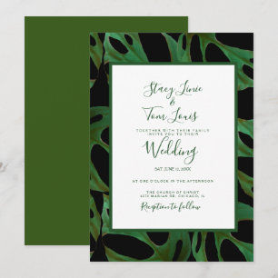 Monstera Botanical Leaf Green Wedding Black Invitation