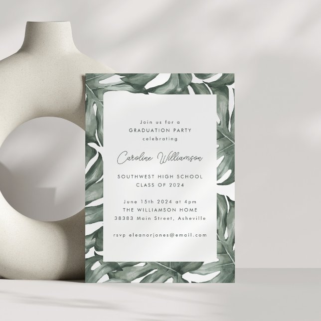 Monstera Botanical Watercolor Graduation Party Invitation (Creator Uploaded)