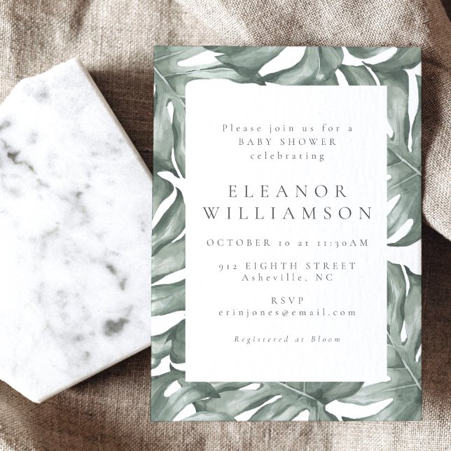 Monstera Botanical Watercolor Green Baby Shower Invitation (Creator Uploaded)