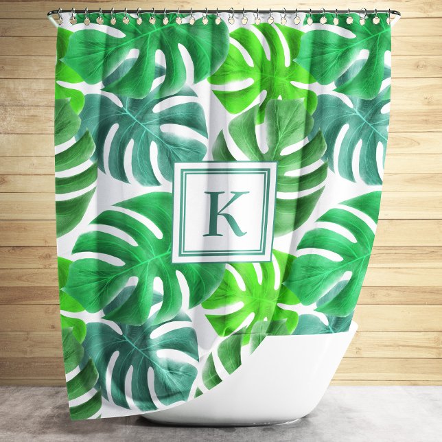 Monstera Deliciosa Plant Leaves Pattern Monogram Shower Curtain (Modern Green Palm Leaves Shower Curtain.)