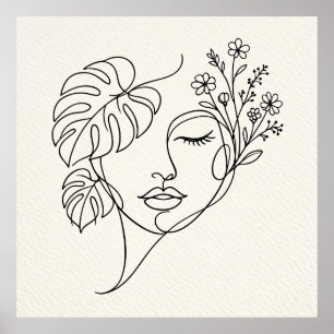 Monstera Floral Face Line Art Poster