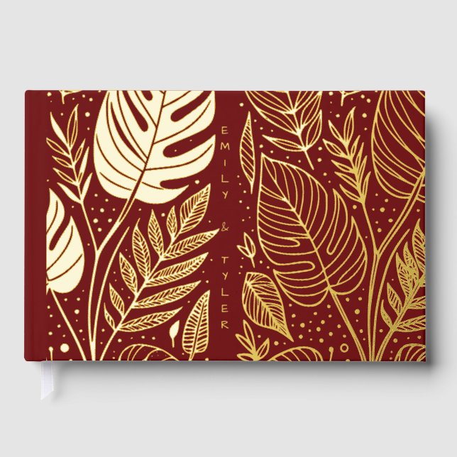 Monstera Gold Foliage Wedding  Guest Book (Front)