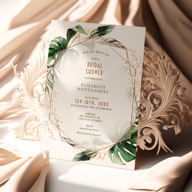 Monstera Gold & Green Bridal Shower Geometric Invitation (Creator Uploaded)