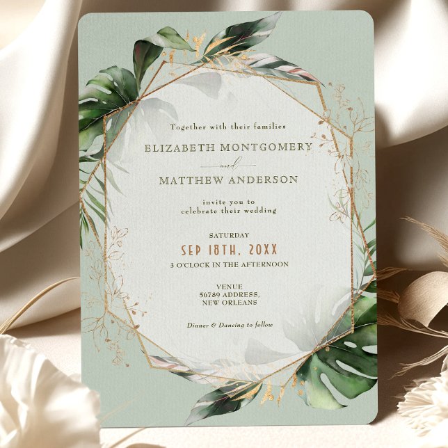 Monstera Gold Watercolor Wedding Invitation (Creator Uploaded)