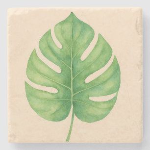 Monstera Green Leaf Design.  Stone Coaster