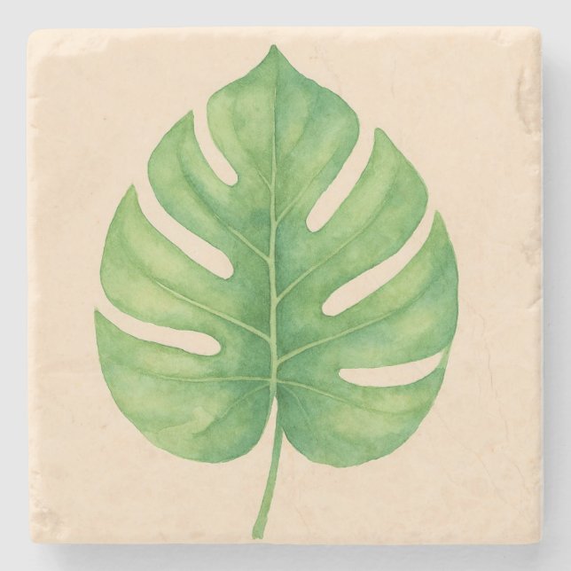 Monstera Green Leaf Design.  Stone Coaster (Front)