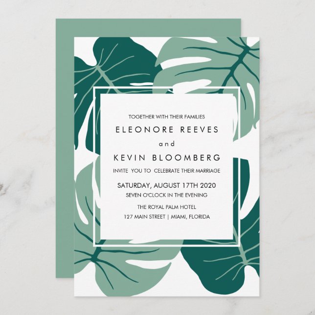 Monstera | Green | Tropical Leaves Frame Wedding Invitation (Front/Back)