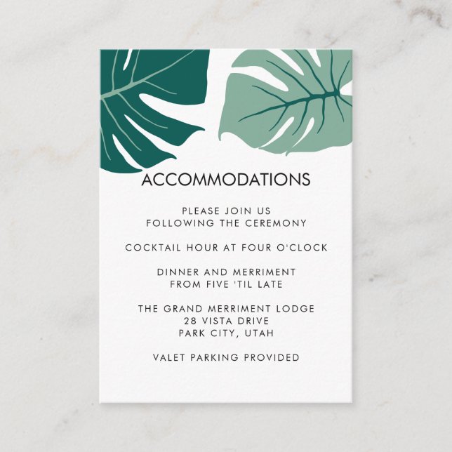 Monstera Green | Wedding Hotel Accommodation Enclosure Card (Front)