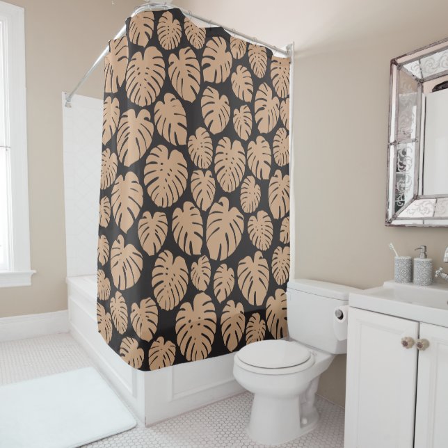 Monstera in Tan and Black Shower Curtain (In Situ)