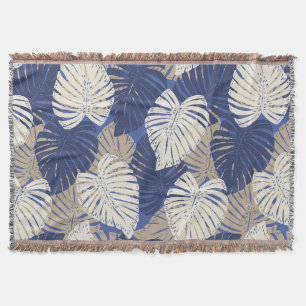 Monstera Jungle Hawaiian Tropical Leaves - Blue Throw Blanket