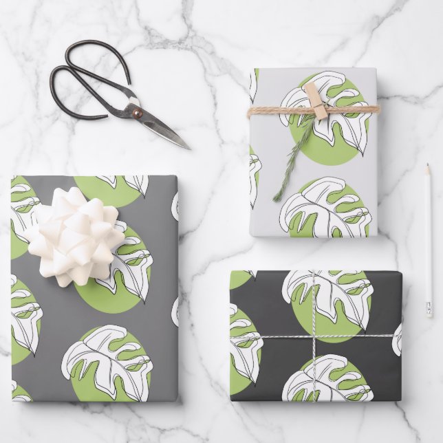 Monstera Leaf Abstract Plant Illustration Gray Wrapping Paper Sheet (Front)