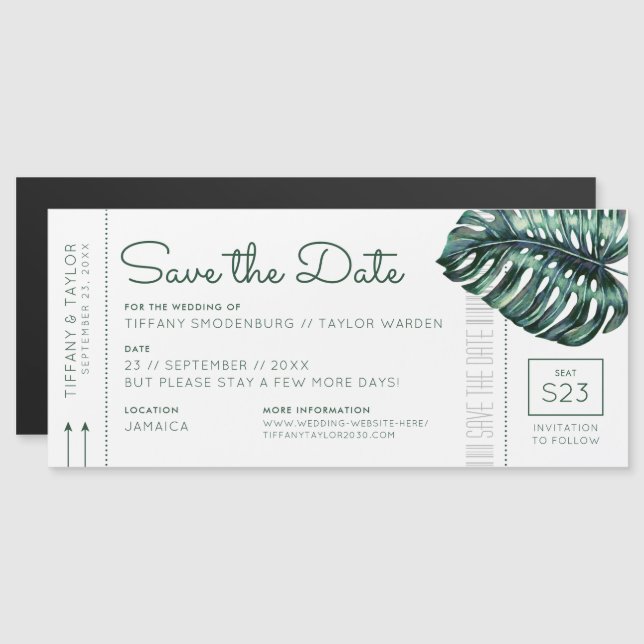 Monstera Leaf Boarding Pass Magnet Save the Date (Front/Back)