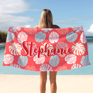 Monstera Leaf Colourful Coral Tropical Script Name Beach Towel