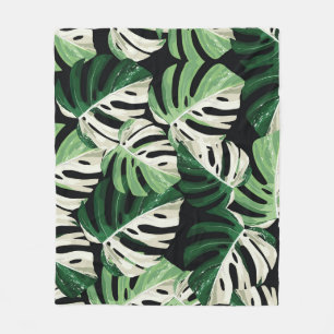 Monstera Leaf Exotic Black Pattern Fleece Blanket