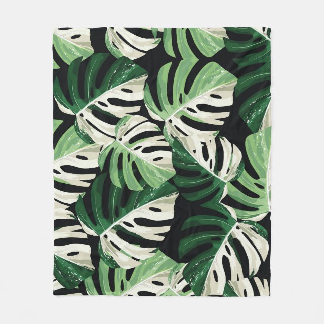 Monstera Leaf Exotic Black Pattern Fleece Blanket (Front)