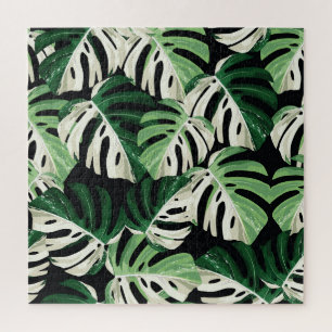 Monstera Leaf Exotic Black Pattern Jigsaw Puzzle