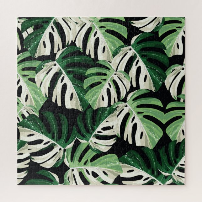 Monstera Leaf Exotic Black Pattern Jigsaw Puzzle (Vertical)