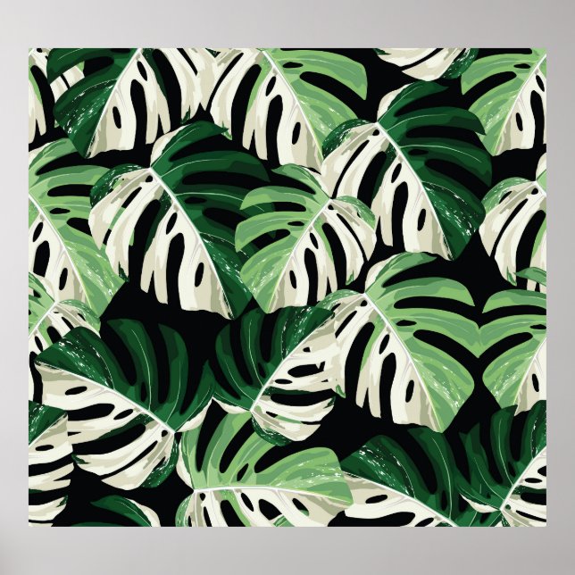 Monstera Leaf Exotic Black Pattern Poster (Front)