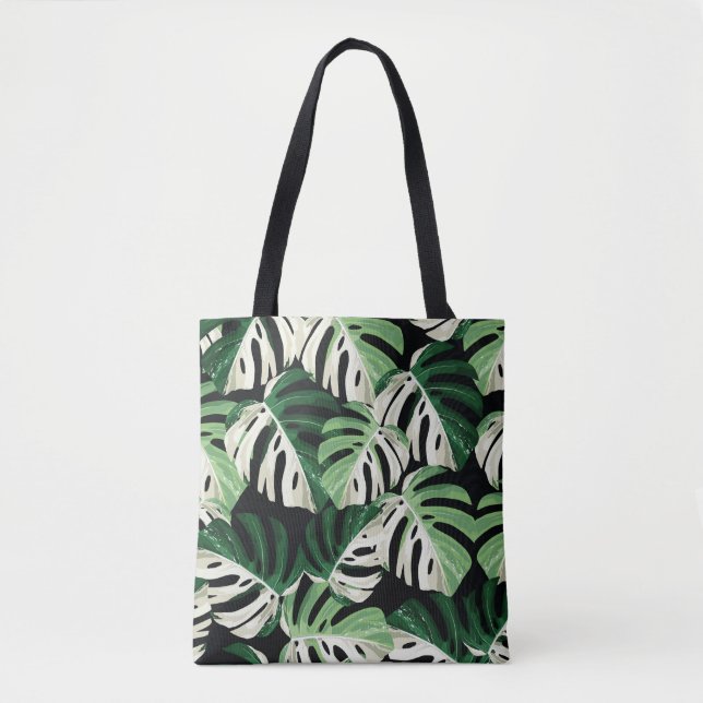 Monstera Leaf Exotic Black Pattern Tote Bag (Front)
