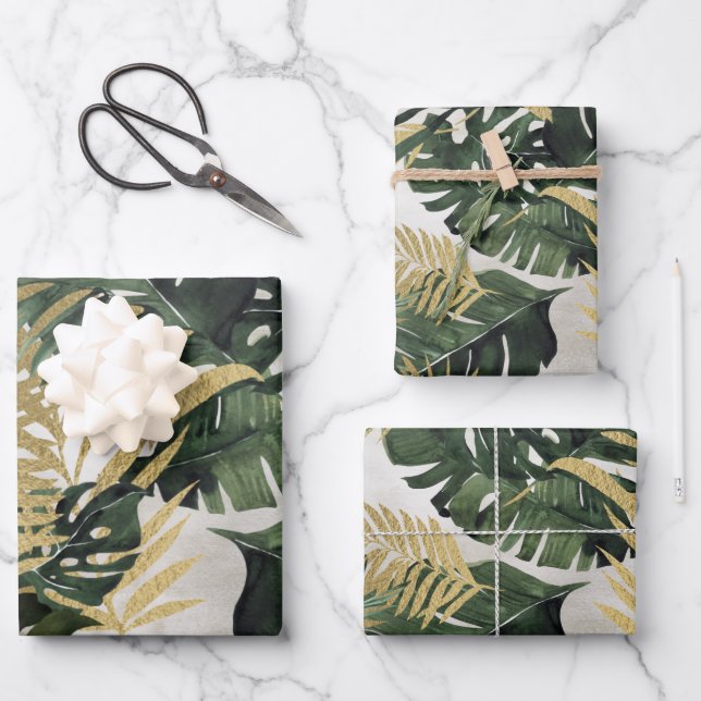 Monstera Leaf & Gold Majesty Palm Leaf Greenery Wrapping Paper Sheet (Front)