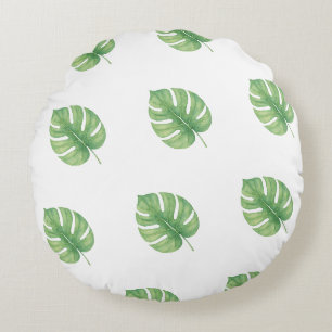 Monstera Leaf Green Design. Round Cushion
