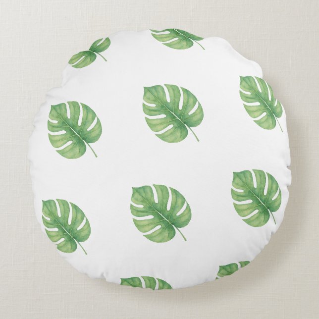 Monstera Leaf Green Design.  Round Cushion (Front)