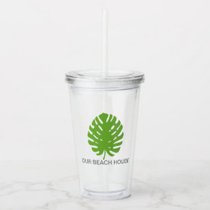 Monstera Leaf Green Navy Modern Coastal Pool Acrylic Tumbler
