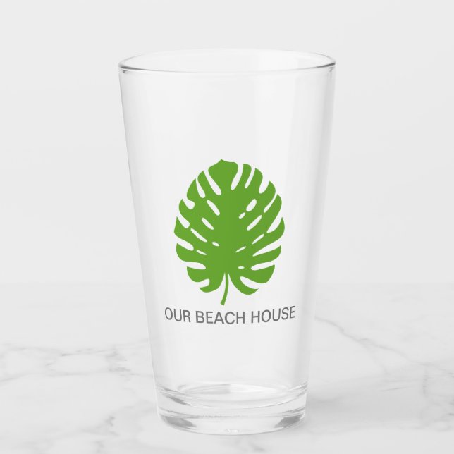 Monstera Leaf Green Navy Modern Party Glass (Front)