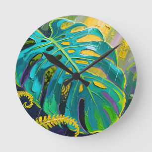 Monstera Leaf Jungle Rain Round Clock