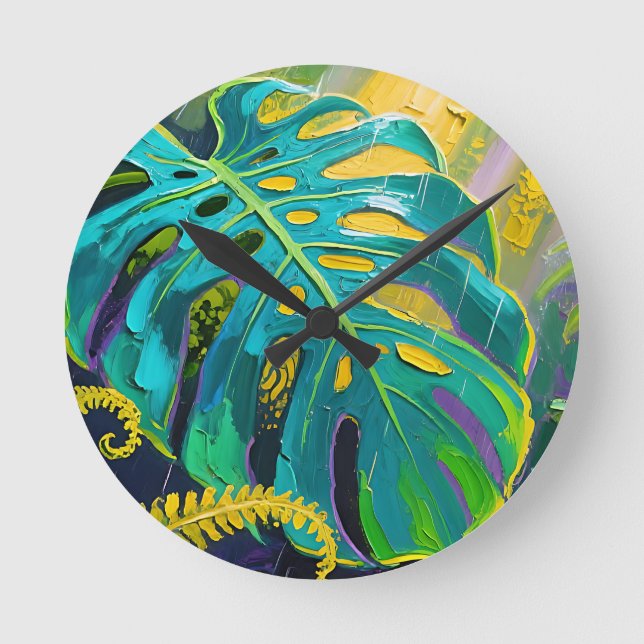 Monstera Leaf Jungle Rain Round Clock (Front)