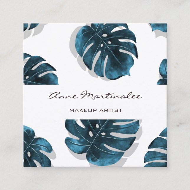  Monstera Leaf Makeup Artist Square Business Card (Front)