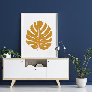 Monstera Leaf Nature Drawing in Mustard Yellow Poster