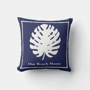 Monstera Leaf Navy Blue White Coastal Personalise Cushion