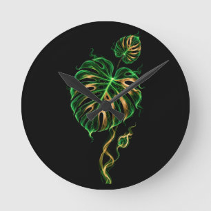 Monstera Leaf - Neon Green and Smoked Gold Round Clock