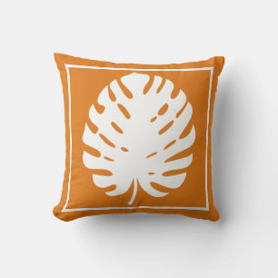 Monstera Leaf Orange White Coastal Modern Nautical Cushion