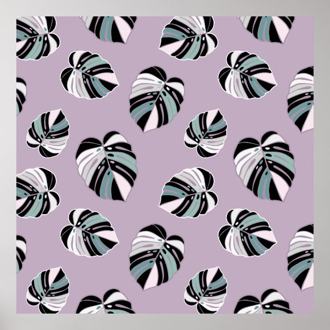 Monstera Leaf Pattern - Purple Green Black White Poster (Front)